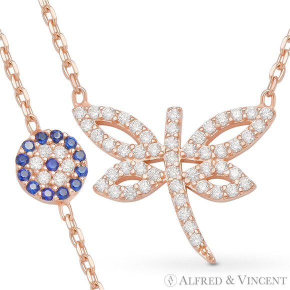 Dragonfly & Evil Eye Charm Necklace with CZ Crystals in .925 Sterling Silver - Picture 2 of 2